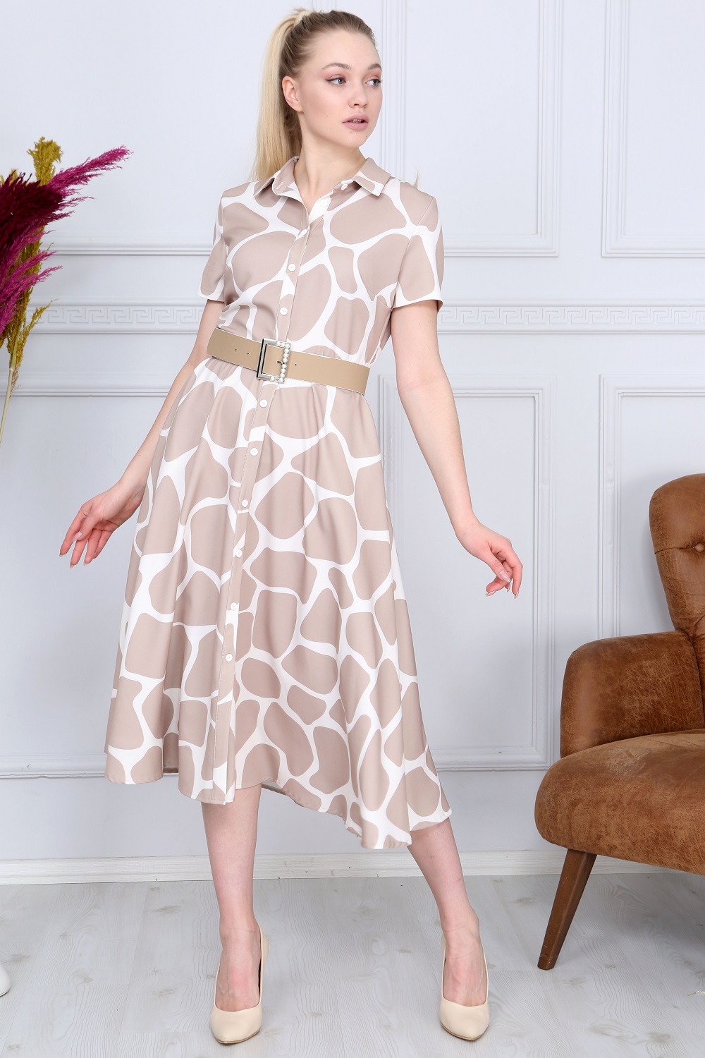 Beige Patterned French Dress