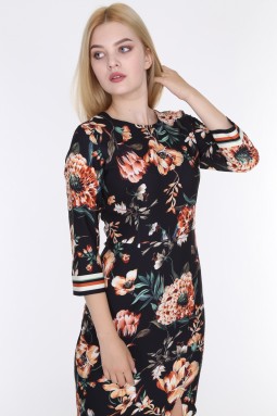 Floral Patterned Slit Black Color Dress