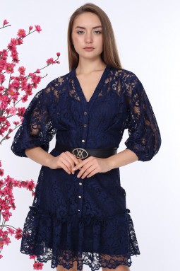 Navy Blue Buttoned Lace Dress