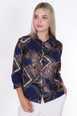 Leopard Patterned Buttoned Navy Blue Blouse