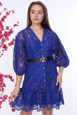 Sax Buttoned Lace Dress