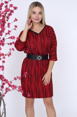 Black Striped V-Neck Red Dress