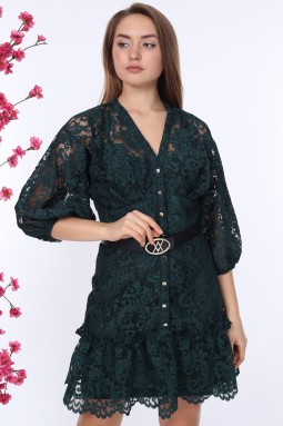 Emerald Buttoned Lace Dress