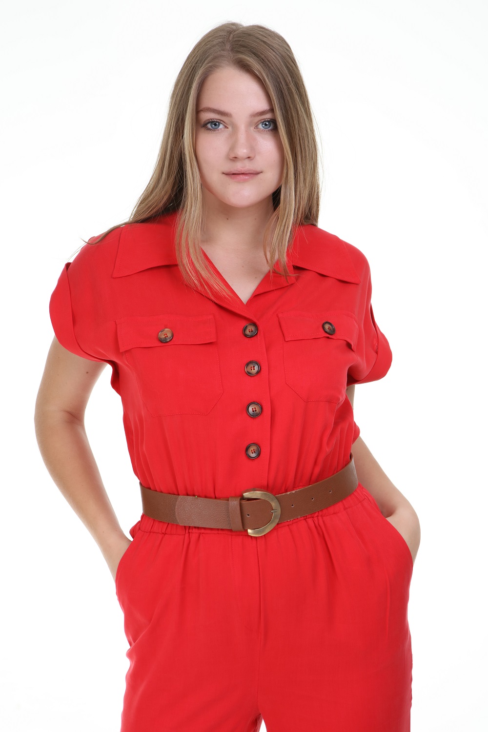 Red Color Jumpsuit with Short Sleeve Buttons
