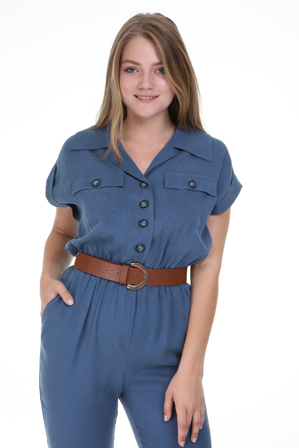 Blue Color Jumpsuit with Short Sleeve Buttons