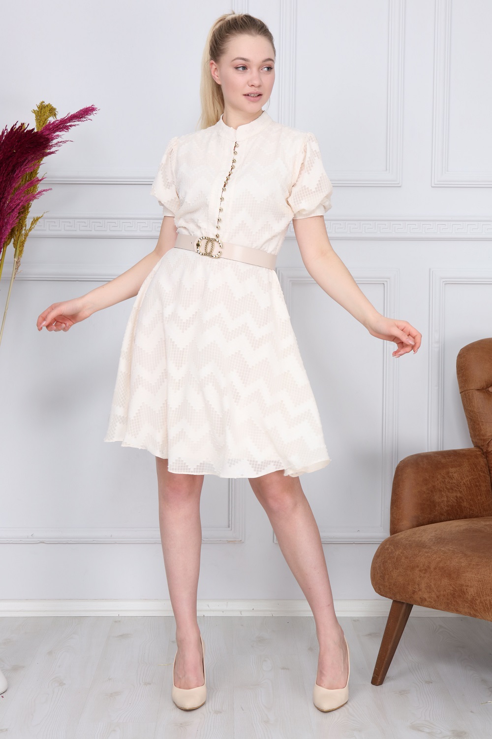 Cream Zigzag Pattern Dress