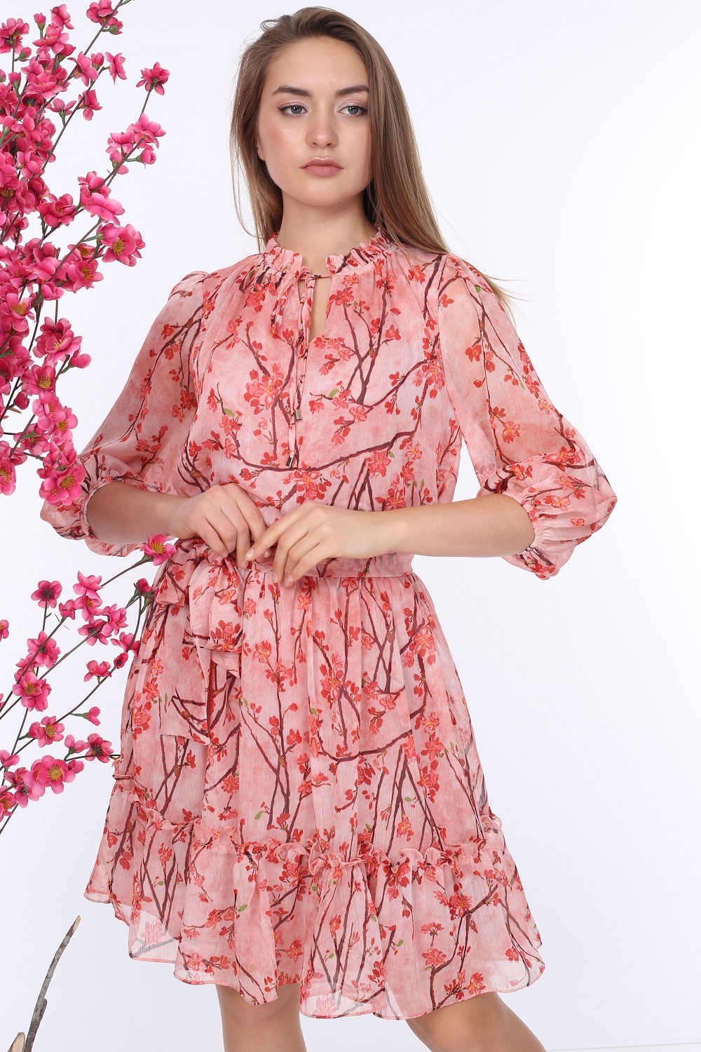 Pink Belted Patterned Dress