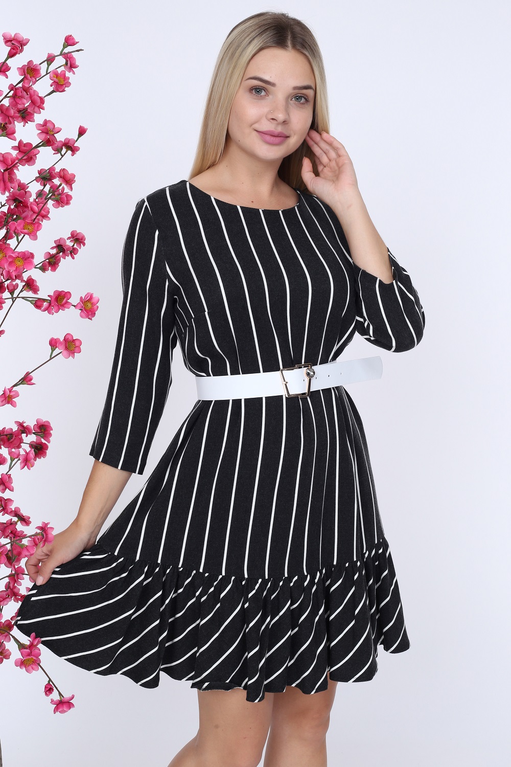 Black Striped White Belted Dress