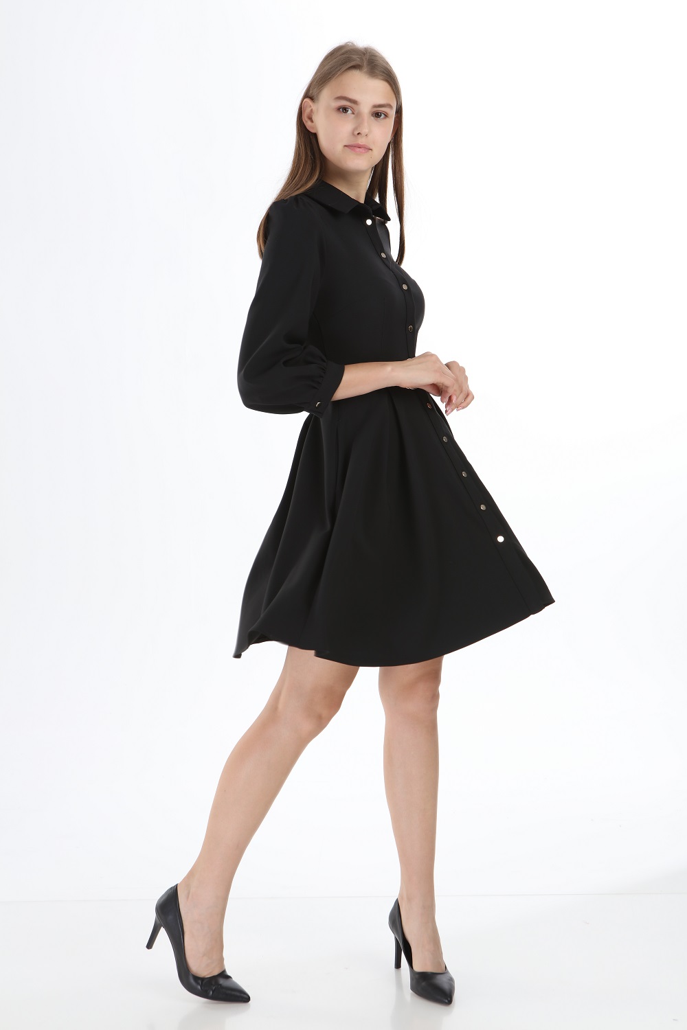 Black Collar Buttoned Short Dress