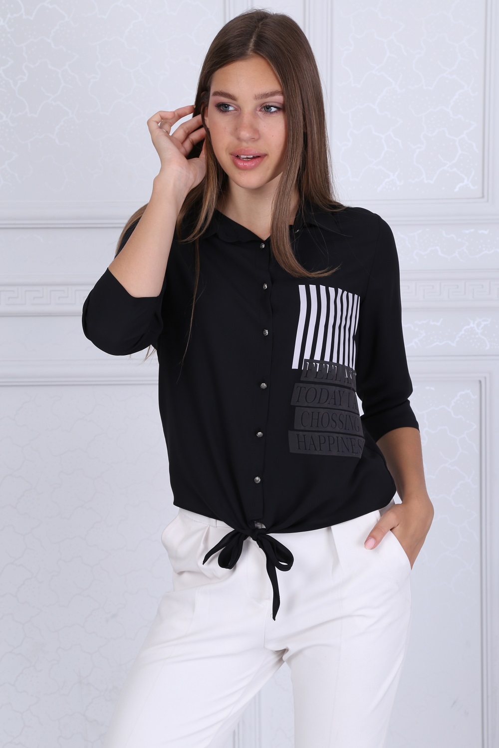 Collar Buttoned Black Blouse